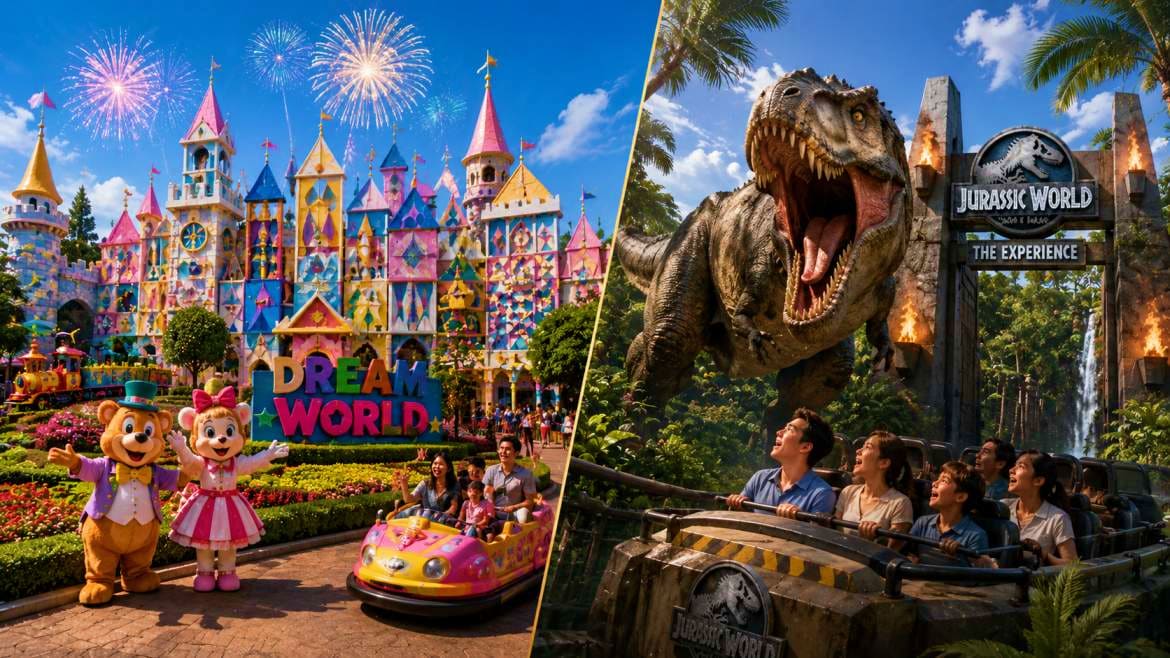 Split image showing colorful Dream World castle with cartoon characters on left and Jurassic World dinosaur ride attraction o